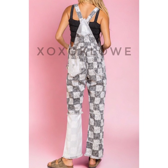 POL Black & White Checkerboard Distressed Overalls Premium Denim - Picture 5 of 13